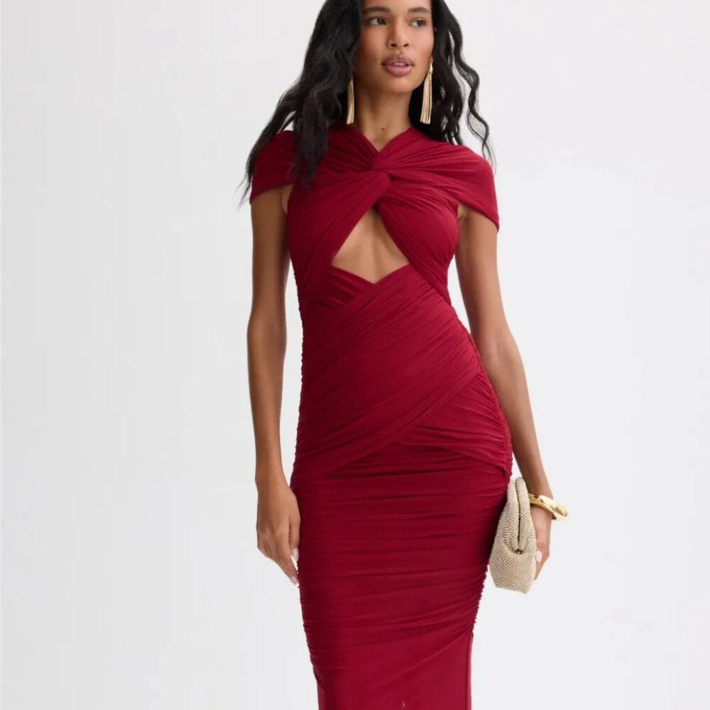 Ronny Kobo Collection Red Twist Front Cutout Ruched Midi Dress